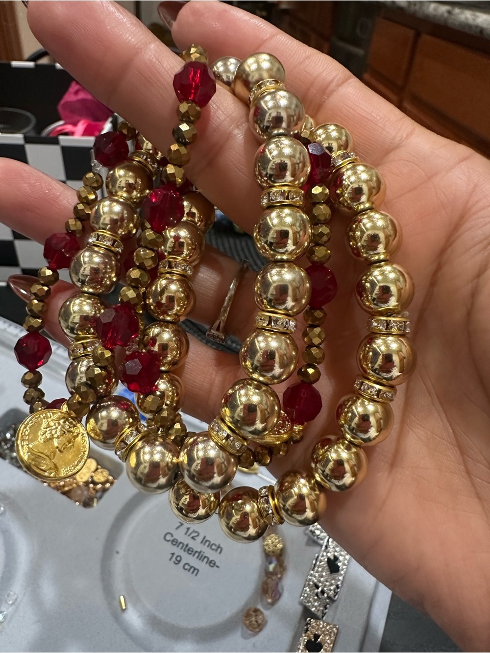 Gold and Red Beaded Stretch Bracelet Set - Women Jewelry